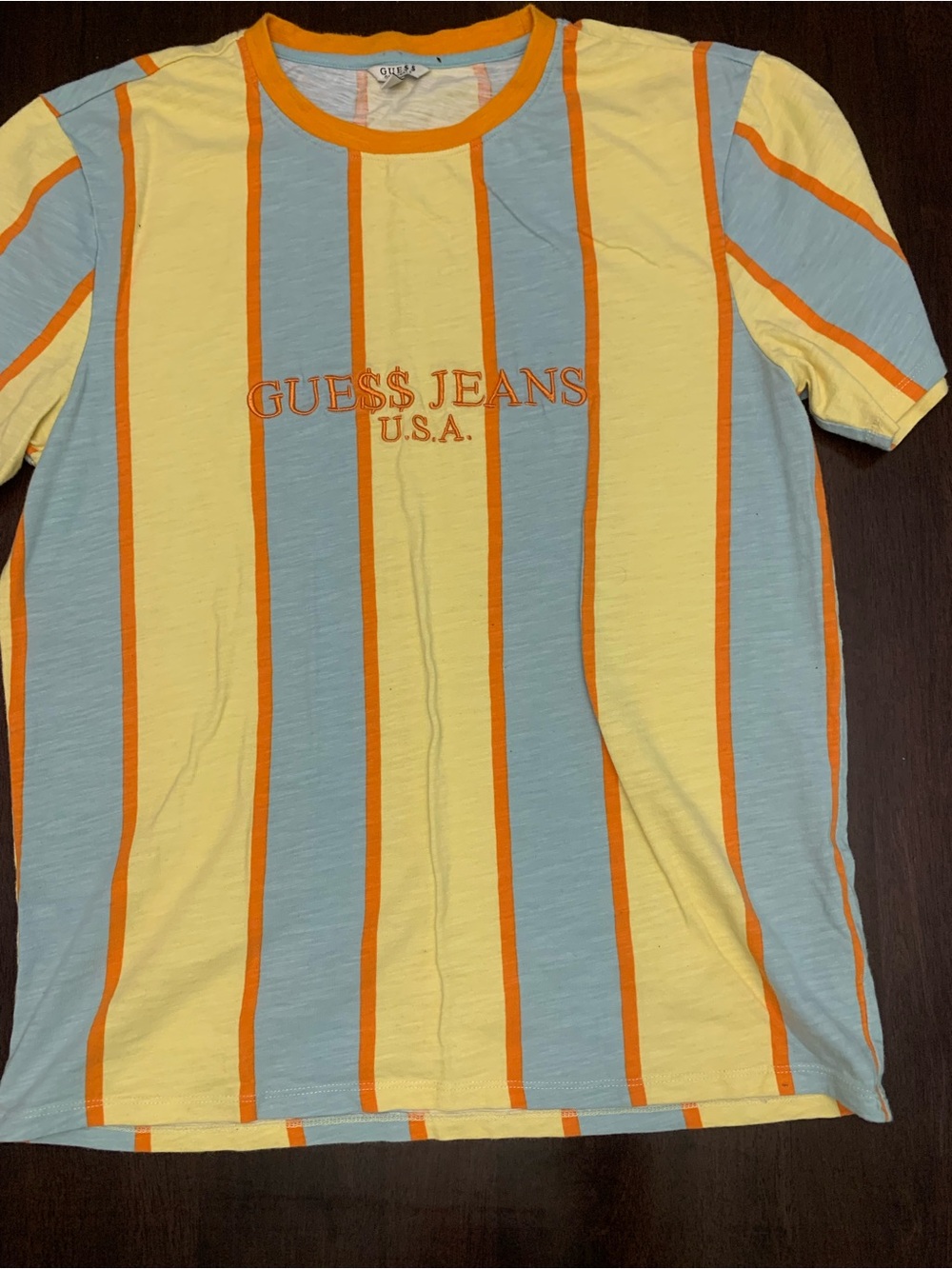 Guess Striped Short Sleeve Tee in Yellow, Light Blue & Orange